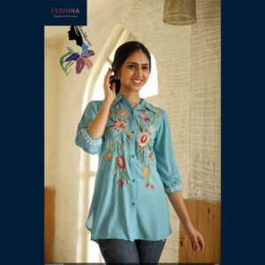 Sky Blue Floral Embroidered Shirt