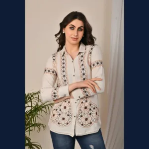 Beige Geometric Embroidered Shirt