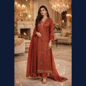 Rust Elegance Striped Kurta Set