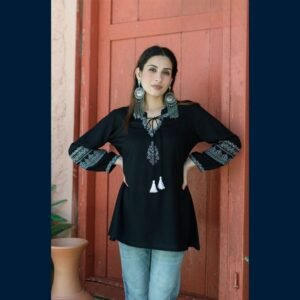 Midnight Embroidered Tassel Top