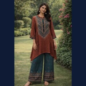 Rust Embroidered Asymmetric Kurta Set