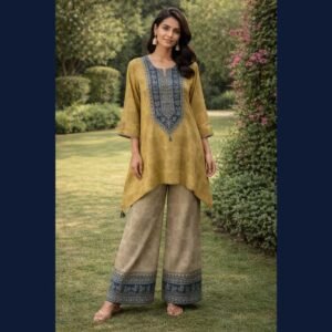 Mustard Embroidered Asymmetric Kurta Set