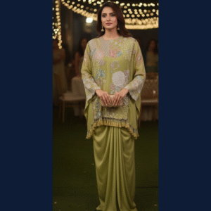 Mehfil Olive Draped Lungi Set