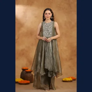 Smoky Olive Shimmer Sharara Set