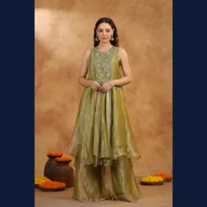 Smoky Olive Shimmer Sharara Set