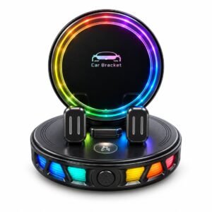 AutoGlow Car Mount Phone Holder for Dashboard with 360° Rotation, RGB Ambient Light, Nano-Gel Base, Telescopic Clamp Arms and Type-C Charging