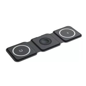 3 in 1 Magnetic Wireless Charger Station – Foldable Fast Charging Pad Compatible with iPhone, Watch & Wireless Earbuds | Travel Charging Stand Dock, 15W