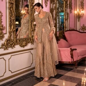 Champagne Gold Mirrorwork Sharara 3-Piece Set