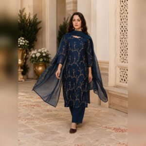 Navy Floral Vine Dupatta Set